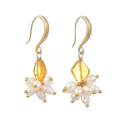 Natural Freshwater Pearl & Natural Amber Dangle Earrings EJEW-JE07368-1