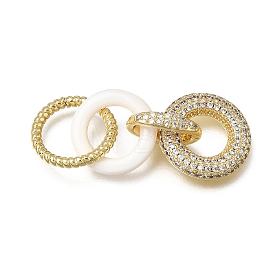 Natural White Shell and Brass Micro Pave Clear Cubic Zirconia 3 Ring Linking Rings KK-C262-05B-G-1