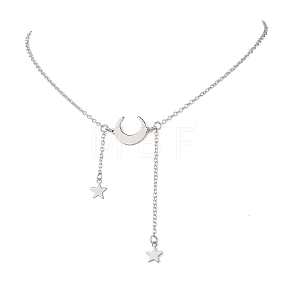 201 Stainless Steel Moon and Star Pendant Brass Cable Chain Necklaces NJEW-JN05787-1