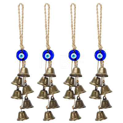 4Pcs Iron Bell with Handmade Lampwork Flat Round Evil Eye Pendant Decorations HJEW-PH02575-1