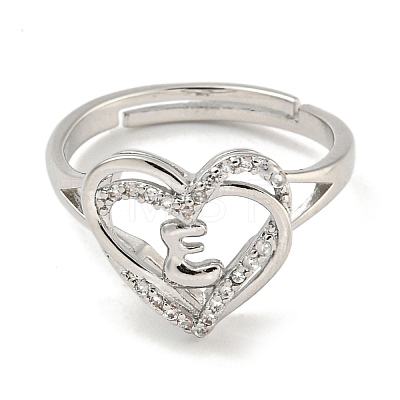 Heart with Letter Rack Plating Brass Micro Pave Clear Cubic Zirconia Adjustable Rings for Women RJEW-I105-01P-E-1