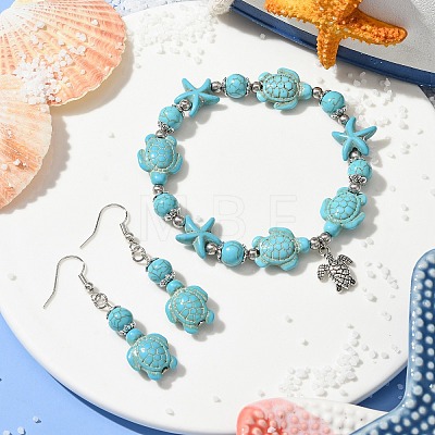 Starfish & Tortoise Synthetic Turquoise Beaded Stretch Bracelets & Dangle Earrings Kits SJEW-JS01311-02-1