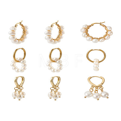 Kissitty 3 Pairs 3 Style Natural Pearl Beaded Hoop Earrings for Girl Women EJEW-KS0001-02-1