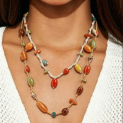 Handmade Porcelain Barrel Beads Jute Cord Double Layer Necklaces for Women WGBAB4D-01-1