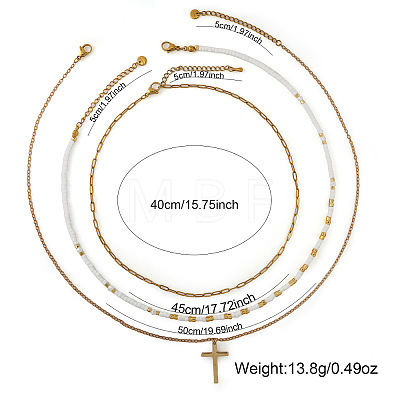 304 Stainless Steel Religion Cross Pendant Glass Seed Beaded 3 Layer Necklaces for Women WI3210-1