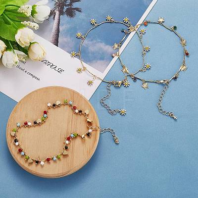 3Pcs 3 Styles Brass Enamel Charm Anklets AJEW-SZ0001-55-1