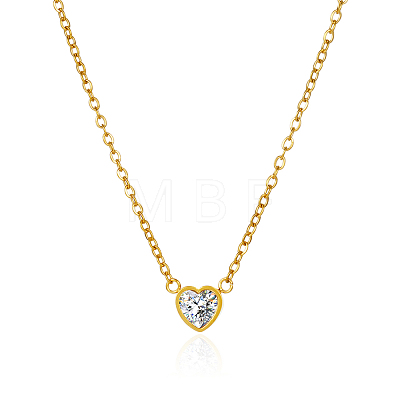 Heart-shaped 304 Stainless Steel Pave Clear Cubic Zirconia Pendant Cable Chain Necklaces for Women FS0820-1-1