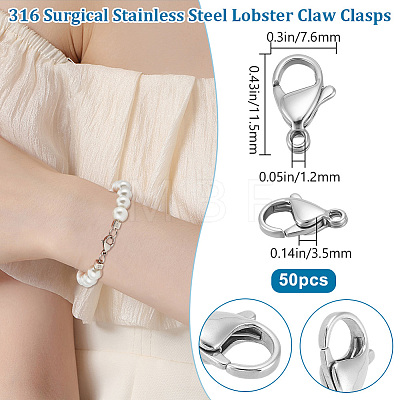 50Pcs 316 Surgical Stainless Steel Lobster Claw Clasps STAS-BBC0006-04-1