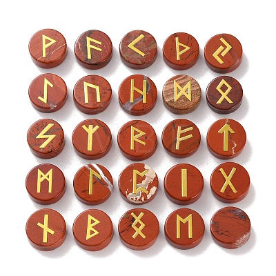 Brass Elder Futhark Alphabet Engraved Symbol Flat Round Natural Red Jasper Rune Stones G-I373-01C-1