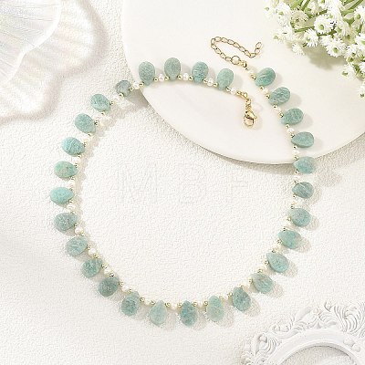 Natural Cultured Freshwater Pearl Rice & Natural Amazonite Teardrop Beaded Necklaces NJEW-JN06434-1