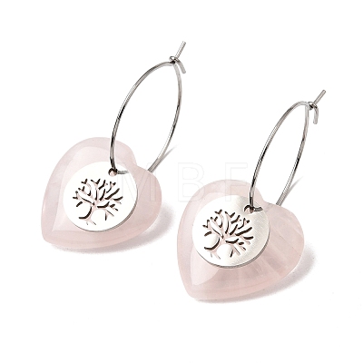 Natural Rose Quartz & 304 Stainless Steel Hoop Earrings for Women EJEW-G475-05P-08-1