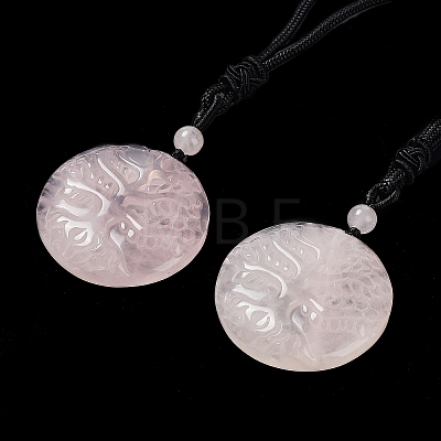 Natural Rose Quartz Tree of Life Pendant Necklace with Nylon Rope NJEW-H009-03-03-1