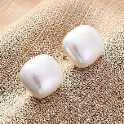 Square Brass & Plastic Stud Earrings for Women EJEW-G425-01G-02-1