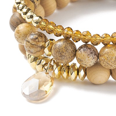 3Pcs 3 Style Natural & Synthetic Mixed Stone & Wood & Brass Stretch Bracelets Set with Glass Teardrop for Women BJEW-JB08355-1