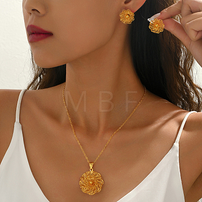 Vintage Brass Flower Stud Earrings & Pendant Necklaces Sets for Women LO1631-1