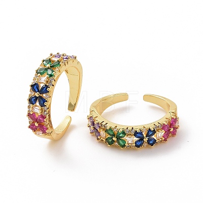 Colorful Cubic Zirconia Flower Open Cuff Rings RJEW-F138-03G-1