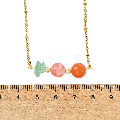 Round Cherry Quartz Glass & Natural Carnelian & Chip Natural Green Aventurine Beaded Pendant 304 Stainless Steel Satellite Chain Necklaces for Women NJEW-JN06158-03-1