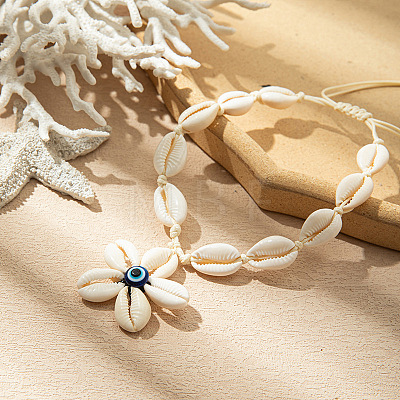 Summer Beach Natural Cowrie Shell Flower with Blue Resin Evil Eye Pendant Adjustable Necklaces for Women FS-WG177B0-02-1