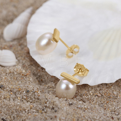 925 Sterling Silver Stud Earrings with Pearl Beaded EJEW-P231-25G-1