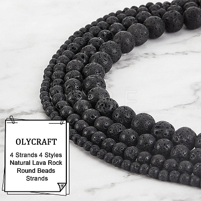 Olycraft 4 Strands 4 Styles Natural Lava Rock Round Beads Strands G-OC0003-35-1