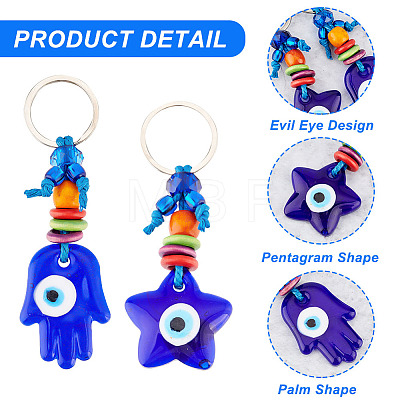 2Pcs 2 Style Turkish Blue Evil Eye Star/Hamsa Hand Pendant Alloy Keychain KEYC-AR0001-28-1