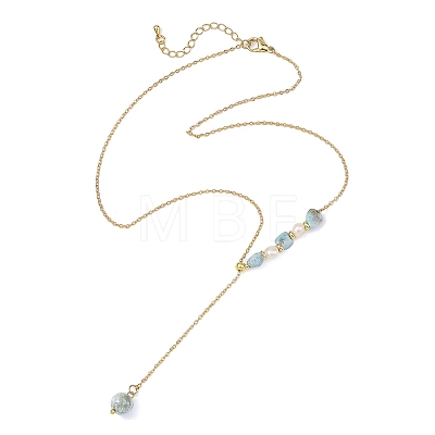 Natural Larimar Round Pendant Brass Cable Chain Lariat Y Necklaces with Natural Pearl for Women NJEW-JN06611-01-1