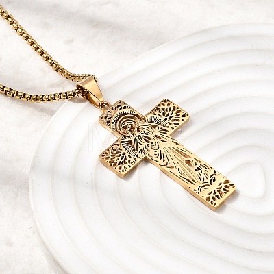 Religion 201 Stainless Steel Hollow Virgin Cross Pendant Necklaces for Men Women NJEW-Z118-01G-1