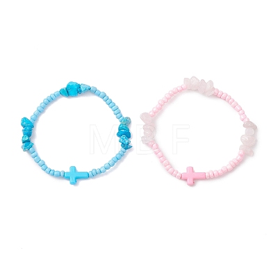 2Pcs Natural Rose Quartz & Synthetic Turquoise Chip Beaded Stretch Bracelets for Women BJEW-JB12909-1
