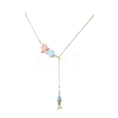 Ocean Brass Pave Cubic Zirconia Enamel Fish Tassel Brass Cable Chain Lariat Necklaces NJEW-JN06293-1