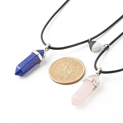 Natural Rose Quartz & Lapis Lazuli Double Terminated Pointed Pendants Necklaces Set for Couples Best Friends NJEW-JN03675-1