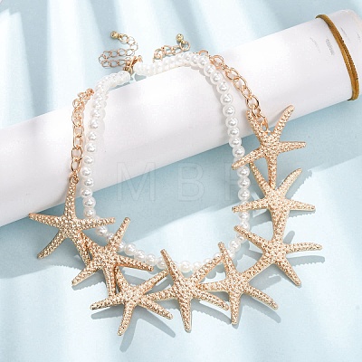 Ocean Imitation Pearl Beaded Alloy Starfish Bib Necklace Sets NJEW-Z116-03G-1