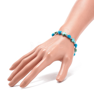 Synthetic Turquoise(Dyed) Cross & Skull Beaded Stretch Bracelet BJEW-JB08451-04-1
