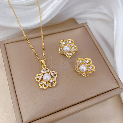 Brass Micro Pave Cubic Zirconia with Plastic Pearl Pendant Necklace & Stud Earrings WG7AC39-106-1