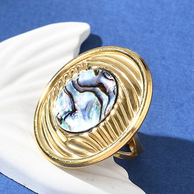 Flat Round 304 Stainless Steel Paua Shell Finger Rings for Women RJEW-G346-05G-01-1