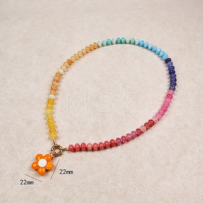 Handmade Lampwork Flower Pendant Rainbow Rondelle Glass Beaded Necklaces with Brass Spring Ring Clasps WG57EF6-01-1