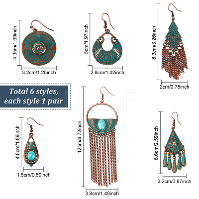 ANATTASOUL 6 Pairs 6 Style Ethnic Style Alloy Dangle Earrings with Iron Pins EJEW-AN0004-48-1