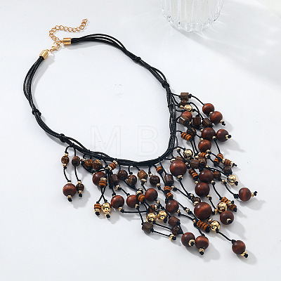 Bohemian Style Round Wood & CCB Beads Tassel Bib Necklaces WGF170D-01-1