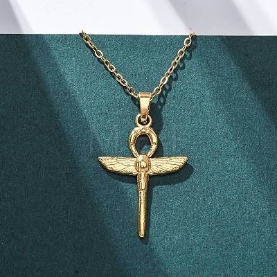 Ankh Cross with Wings 304 Stainless Steel Pendant Necklaces NJEW-H059-08G-1