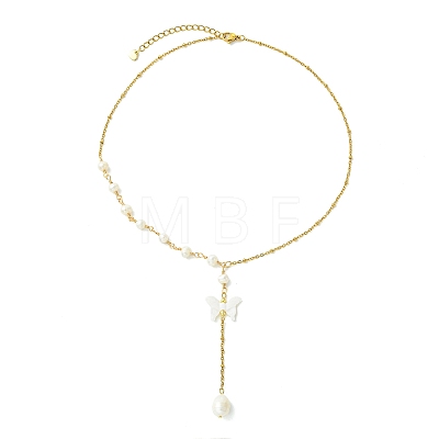Natural Pearl & 304 Stainless Steel Satellite Chain Y Lariat Necklaces NJEW-JN06061-1