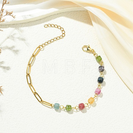 Cube Natural Tourmaline Beads Link Bracelets BJEW-JB13903-01-1