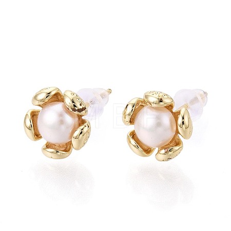 Brass & Natural Pearl Stud Earrings PEAR-N020-WX15-1