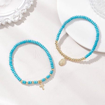2Pcs Synthetic Turquoise Beads Stretch Bracelets BJEW-JB13415-03-1