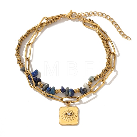 Bohemian 304 Stainless Steel Chain & Natural Lapis Lazuli Beads Double Layers Bracelets BJEW-C150-01C-G-1