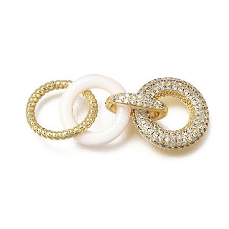 Natural White Shell and Brass Micro Pave Clear Cubic Zirconia 3 Ring Linking Rings KK-C262-05B-G-1