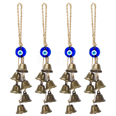 4Pcs Iron Bell with Handmade Lampwork Flat Round Evil Eye Pendant Decorations HJEW-PH02575-1