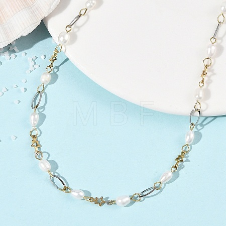 Natural Cultured Freshwater Pearl Rice Beaded Chain Necklaces NJEW-JN06404-1