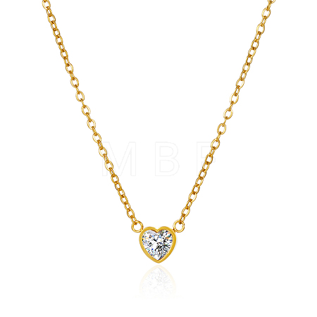 Heart-shaped 304 Stainless Steel Pave Clear Cubic Zirconia Pendant Cable Chain Necklaces for Women FS0820-1-1