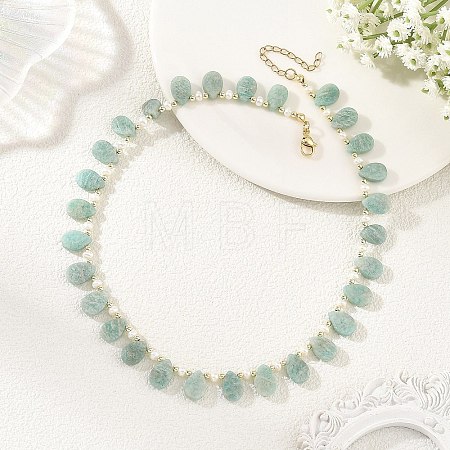 Natural Cultured Freshwater Pearl Rice & Natural Amazonite Teardrop Beaded Necklaces NJEW-JN06434-1