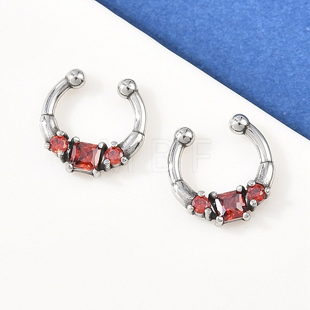 316 Stainless Steel Pave Red Cubic Zirconia Clip on Hoop Nose Rings AJEW-C044-14AS-1