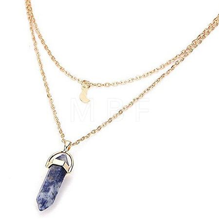 Natural Blue Spot Jasper Double Terminated Pointed Bullet & Moon Alloy Pendant Double Layer Necklaces for Women WGAD714-06-1